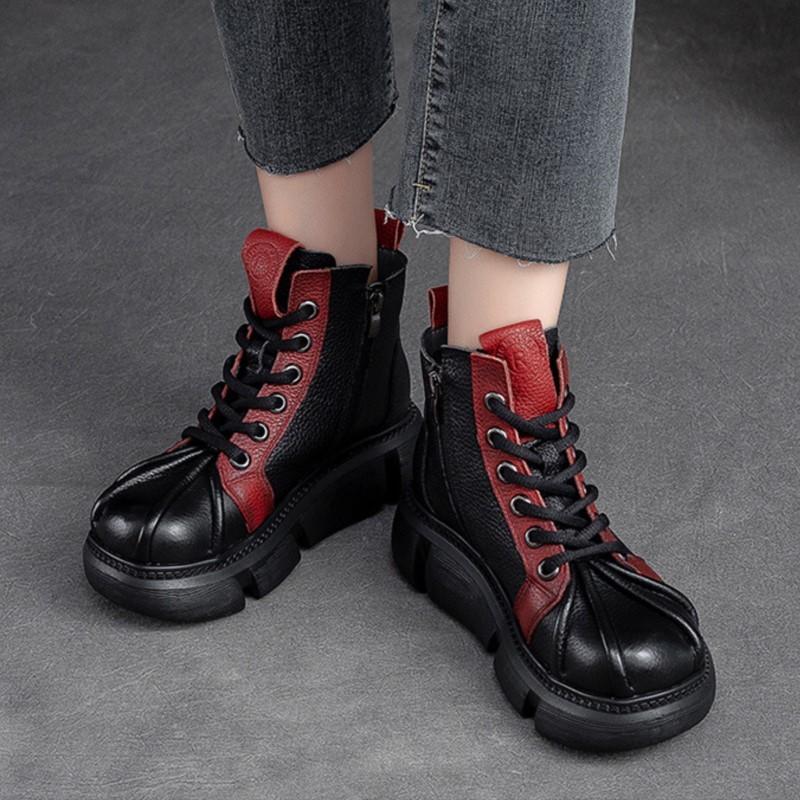 Johnature 2023 autunno inverno nuovi stivali corti retrò donna in vera pelle colori misti scarpe con plateau versatili con suola spessa