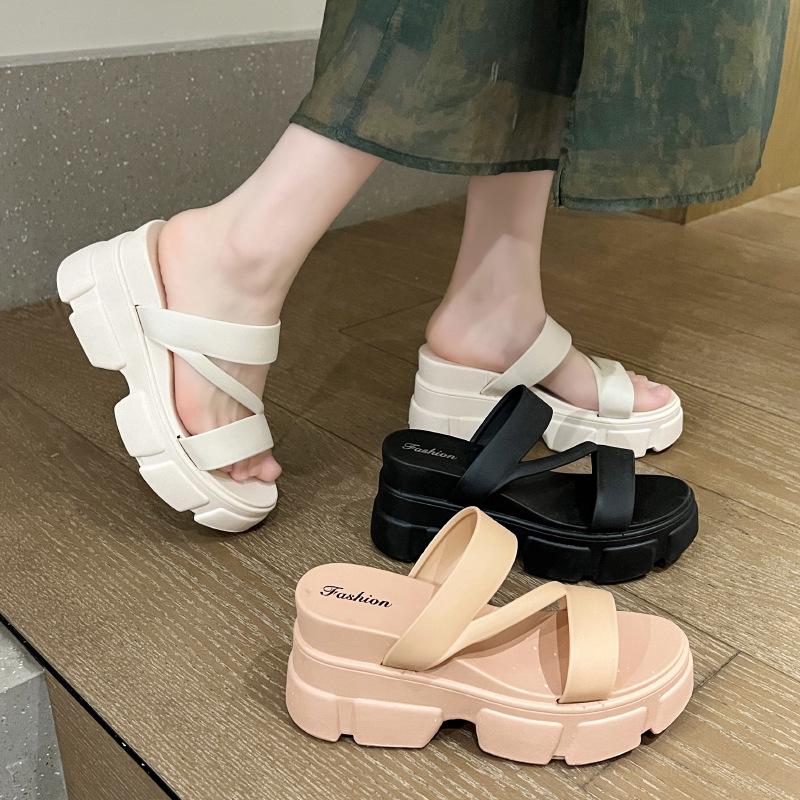 Women's Summer Platform High-Heeled Sandals: Stylish Slip-On Flip Flops with Thick Soles and Versatile Elevation.
