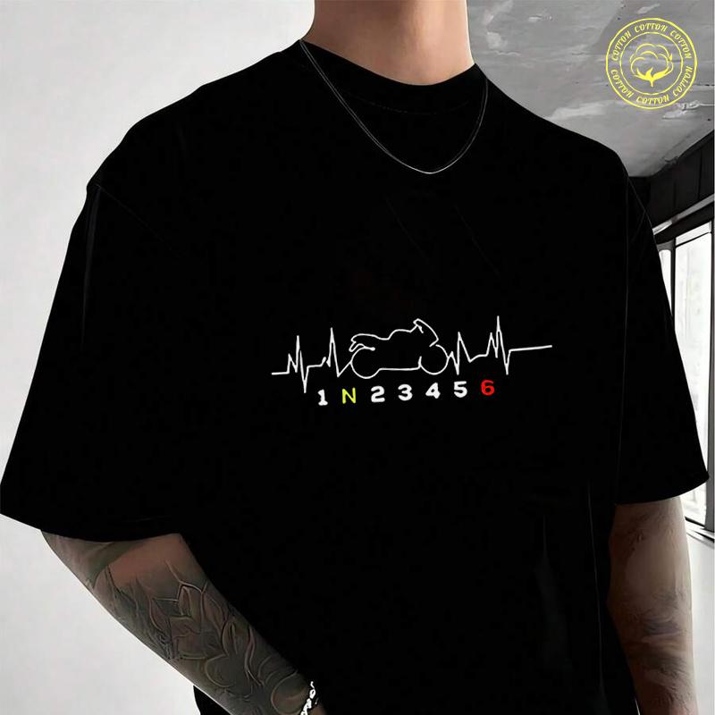 Motorcycle Heartbeat With & Speed Graphic Men's Cotton T-Shirt Moto Casual O-neck Short Sleeve