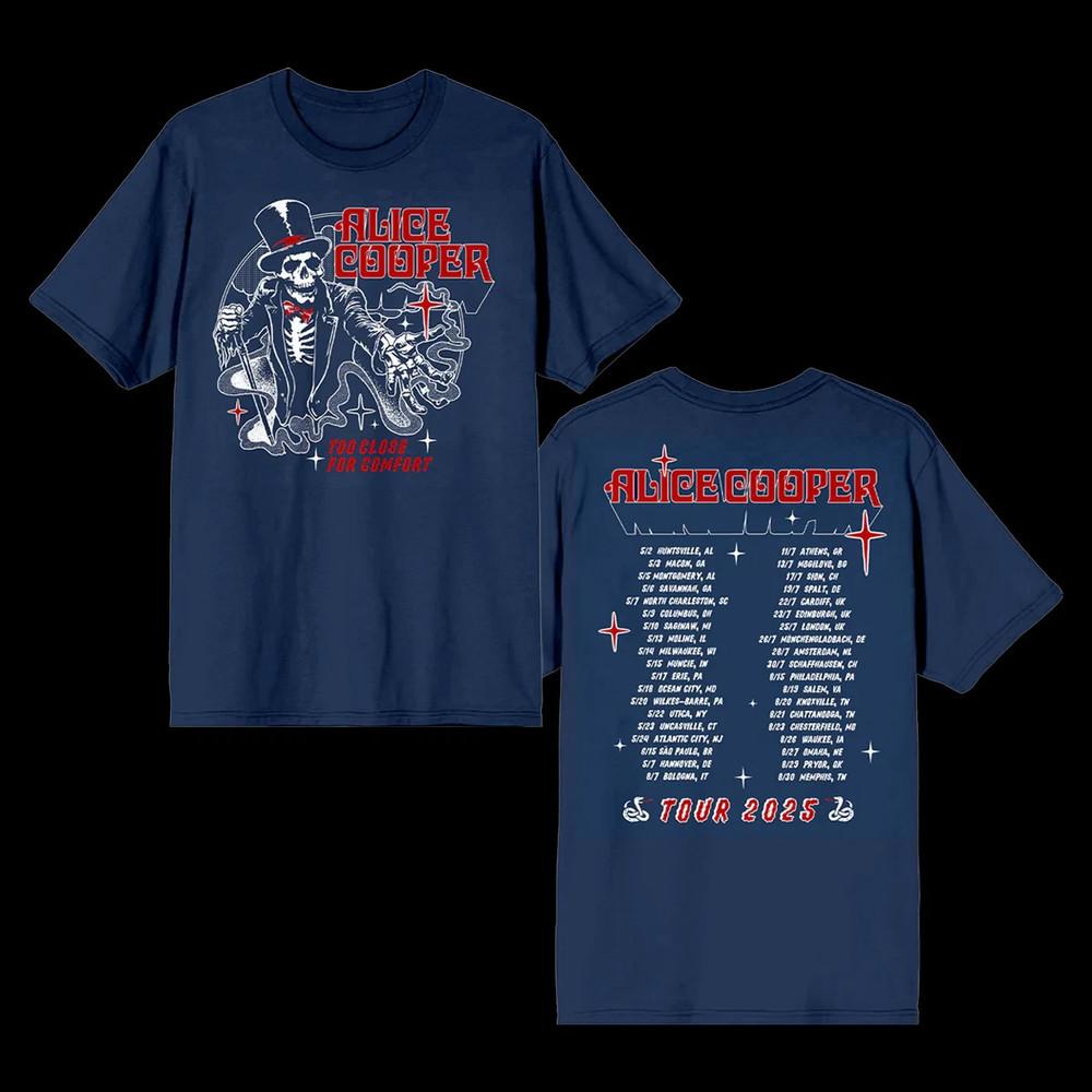 Alice Cooper 2025 Tour TShirt  Too Close for Comfort  Concert Dates Back Prin Unisex T-Shirt S