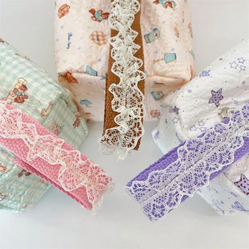 Women Vintage Floral Cosmetic Lipstick Brush Case Travel Toiletry Storage Bags Cartoon Sanitary Napkin Canvas Tote Makeup Bag