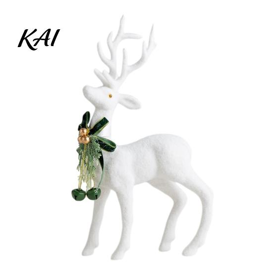Winter Theme Table Centerpieces White Flocked Elk Ornament, Ribbon Bell Decor 3D Standing Deer Christmas Tabletop Ornaments Figurine, Decorative