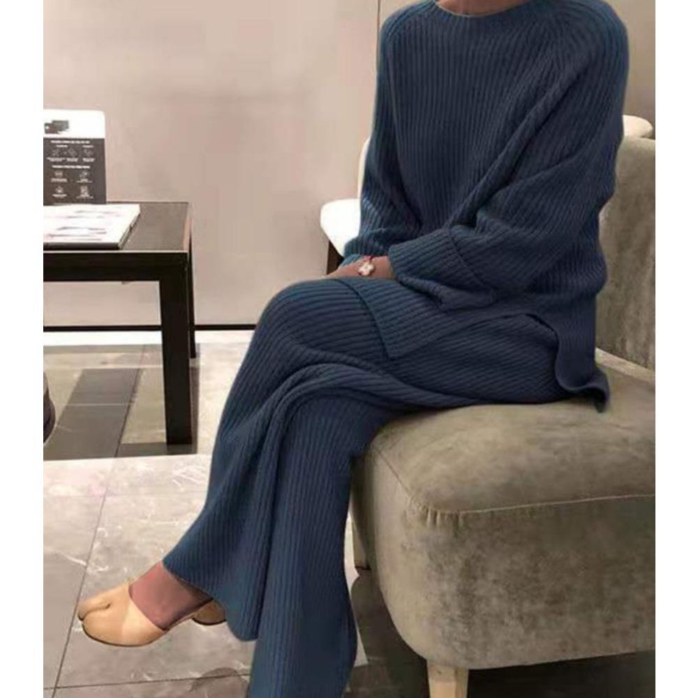 Women's Loose Fit Two-piece Suit Long Sleeve Knit Top Elastic Waist Wide Leg Pants