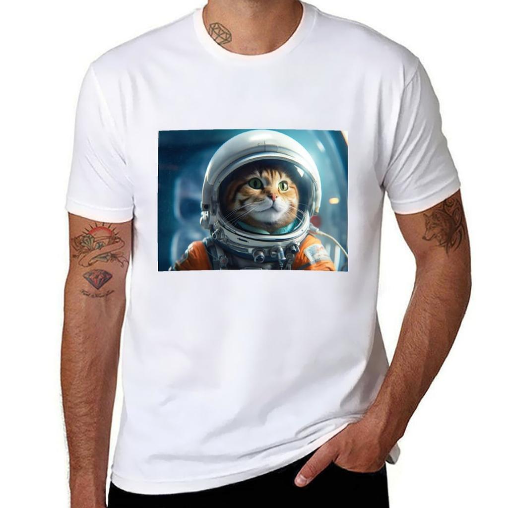 Cute Space Cat In Astronaut Suit TShirt Trendy Print Short Sleeve TShirt