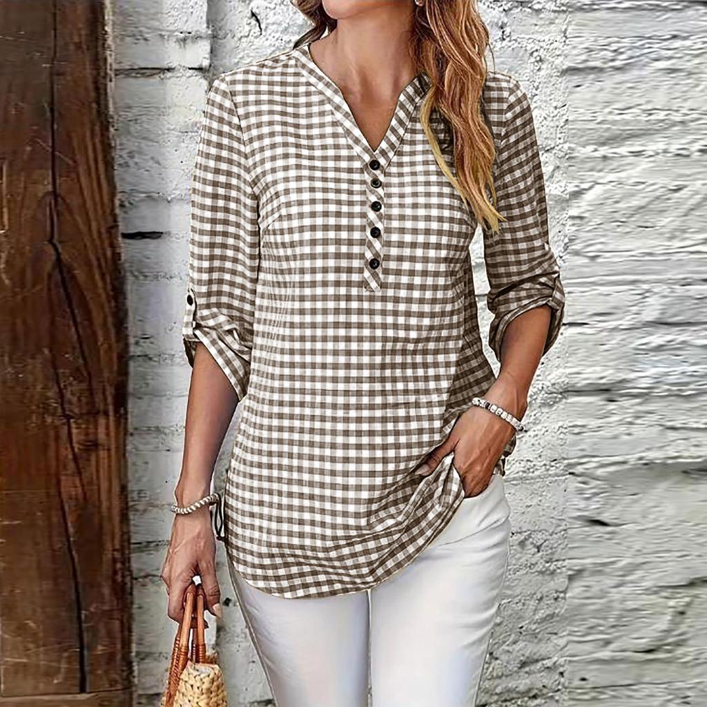 Women's Casual Plaid V Neck Long Sleeve Loose Fit Shirt Top
