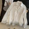 Womens White Floral Embroidered Loose Long-Sleeve Button-Down Shirt