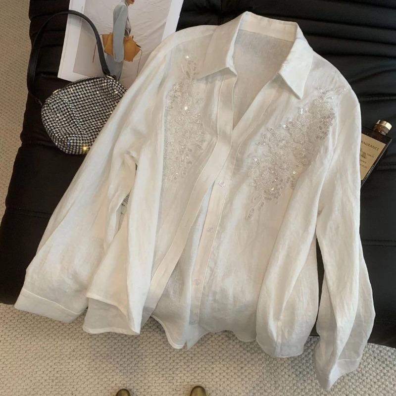 Womens White Floral Embroidered Loose Long-Sleeve Button-Down Shirt