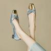 Summer Women's French Elegant Hollow Square Toe Block Heel Pumps, Blue Gold Cross Strap Vintage Mid Heel Dress Sandals