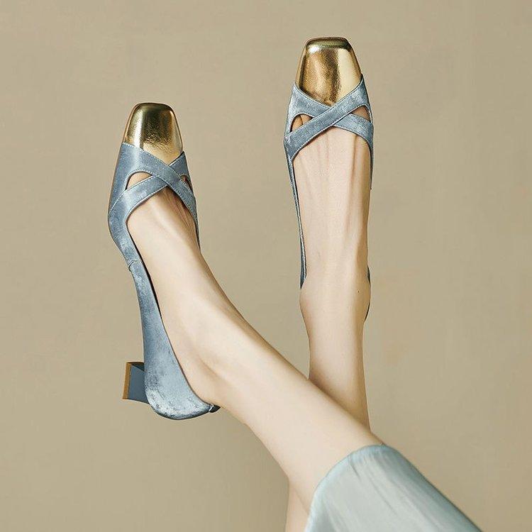 Summer Women's French Elegant Hollow Square Toe Block Heel Pumps, Blue Gold Cross Strap Vintage Mid Heel Dress Sandals