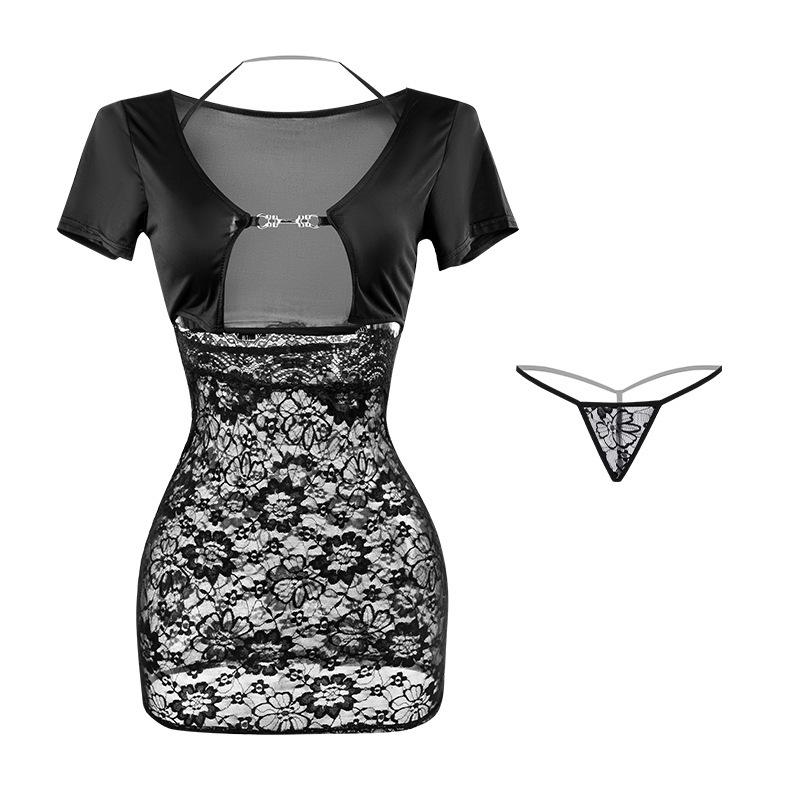 Sexy underwear women's sexy neck hanging low cut hollowed lace hip skirt secretary skirt set F