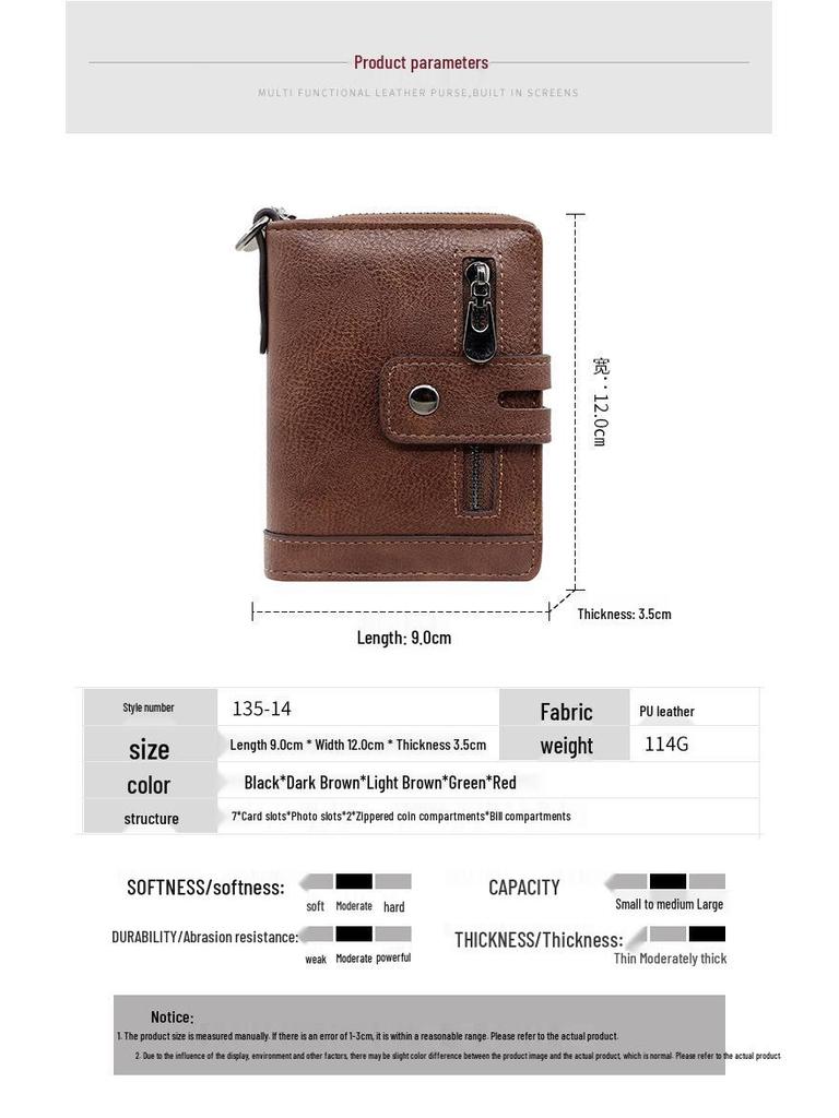 Kingdushi Men's Vertical Retro Multi-functional Wallet with Zipper and Coin Pocket
