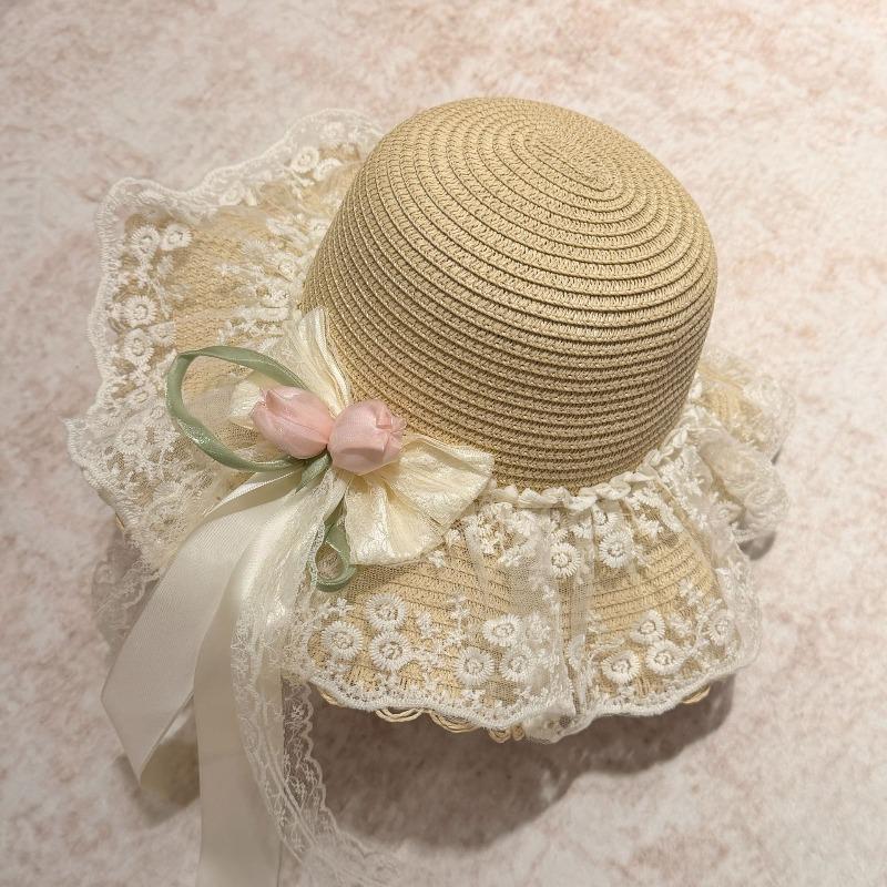 French Lace Lily Bow Straw Hat Women's Summer Big Brim Sun Hat Seaside Beach Vacation Sun Hat