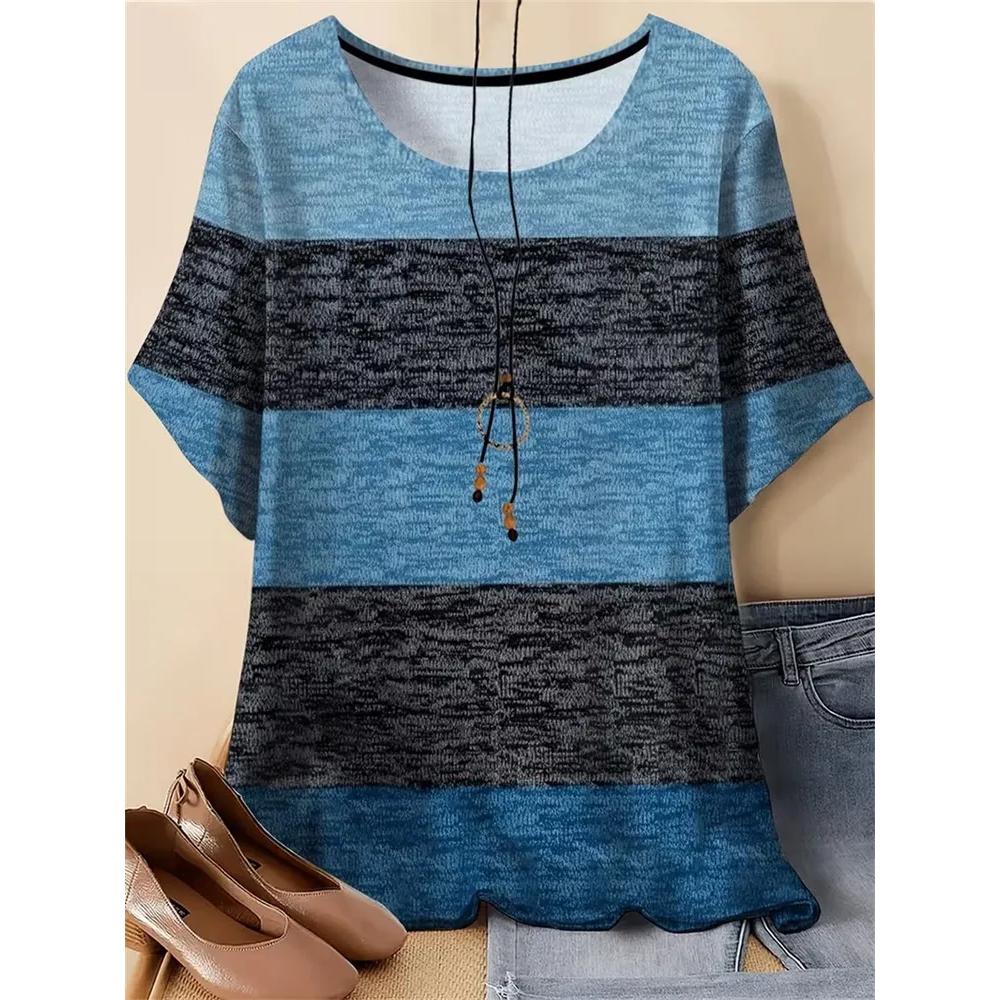 Women's Versatile Striped Printed Top Short Sleeve Casual Loose T-Shirts Women’s