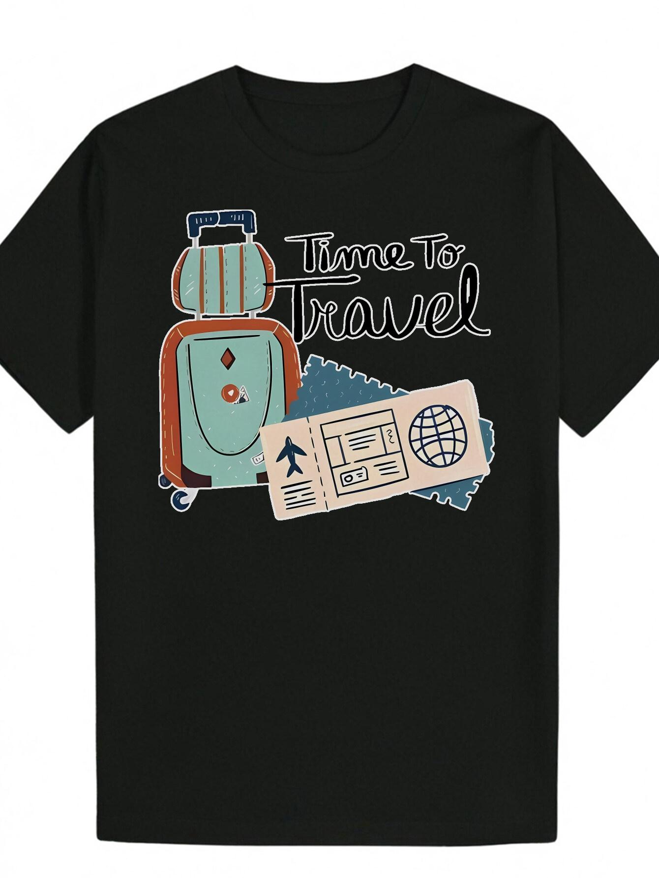 

Short Sleeve T-shirt - Black Travel-Themed Graphic Print with Time to Travel Design M