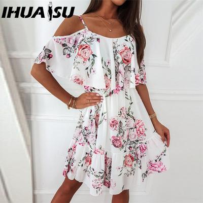 Frühling Sommer Chiffon Print Neckholder Schulterfrei Sexy Kleid