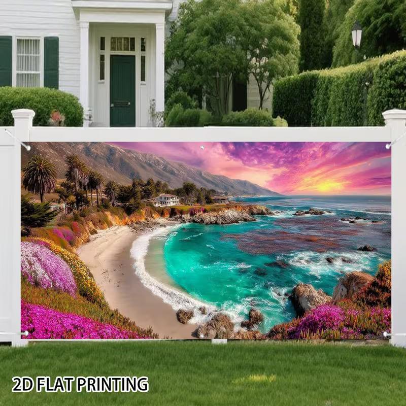 

2D Tropical Beach Sunset with Pink Sky and Flowers Studio Background 47.2x31.5inch/120*80cm