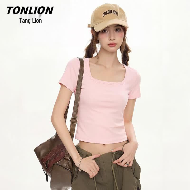 TonLion Women s Square Neck Slim Fit Short Sleeve T-Shirt XL