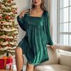 Women's Fashion Spring Fall Solid Color Print Long Sleeve Square Collar Loose Waistline Casual Dresses