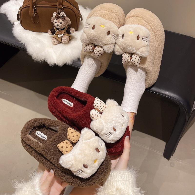 2025 autumn and winter solid color sweetheart bow kt cat hair slippers women's new cute cartoon outer cotton slippers