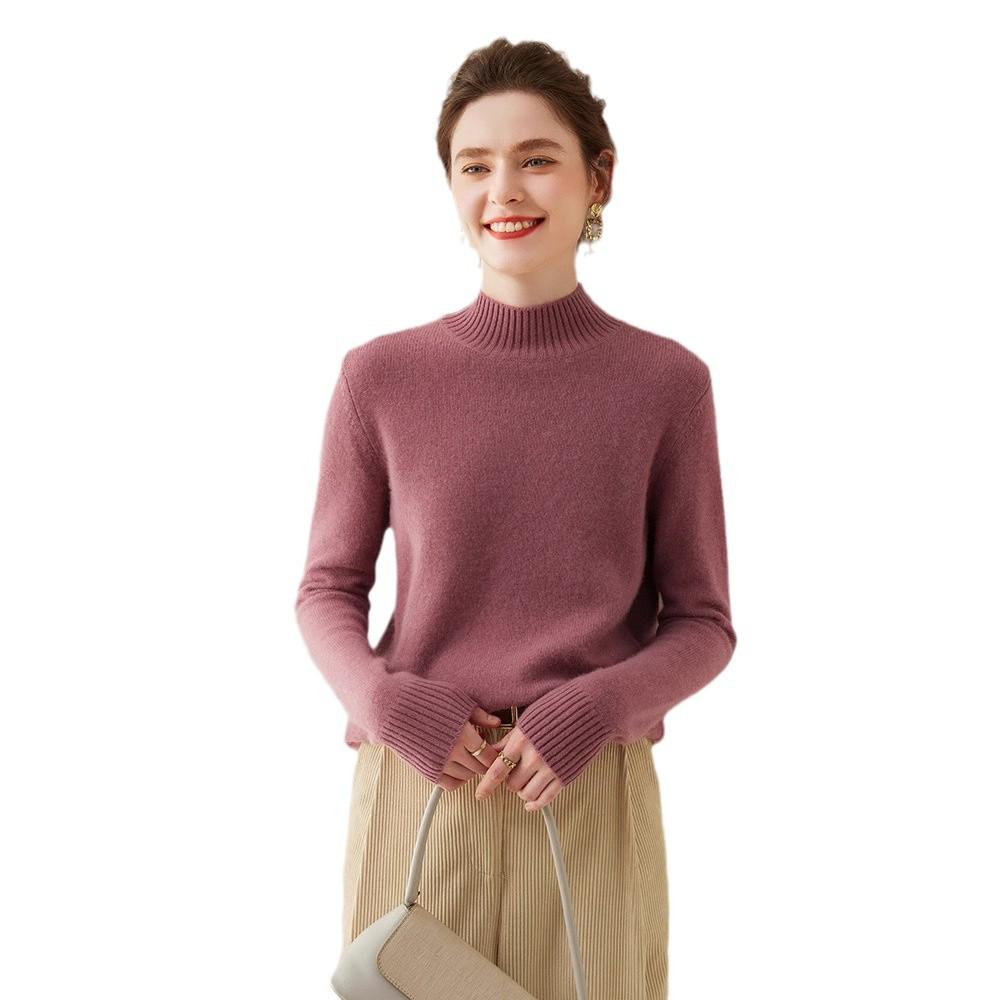 Damen Kaschmir Einfarbig Halbhoher Kragen Pullover - Schlankmachend, Lockere Passform, Gestrickter Langarm für Herbst/Winter.