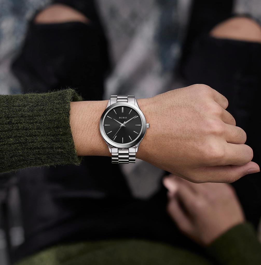 BUREI Men's Quartz Waterproof Analog Wristwatch (Black-Silver)