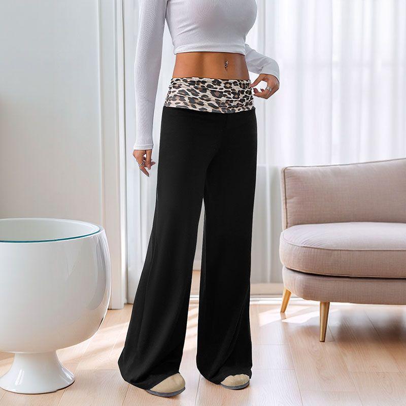 

Fashion Women Trousers Yoga Ladies Pants Casual Contrast Color Leopard Print Wide Leg Pants Women Black XL
