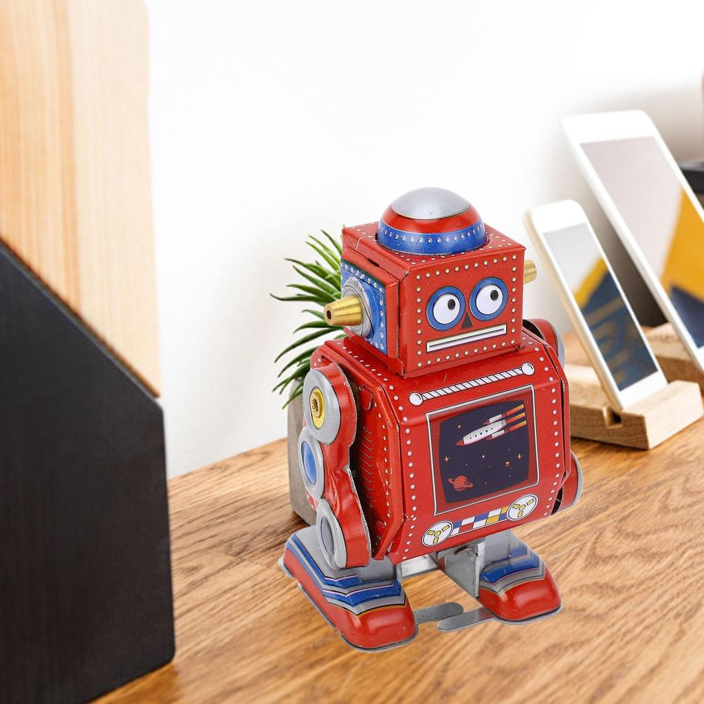Robot Vintage Metal Tin Funny Vintage Mechanical Kids Classic Clockwork Tin Tabletop Bookshelf Decorative for Cafes and Bars Wind-up Toy, Robot, Toy,