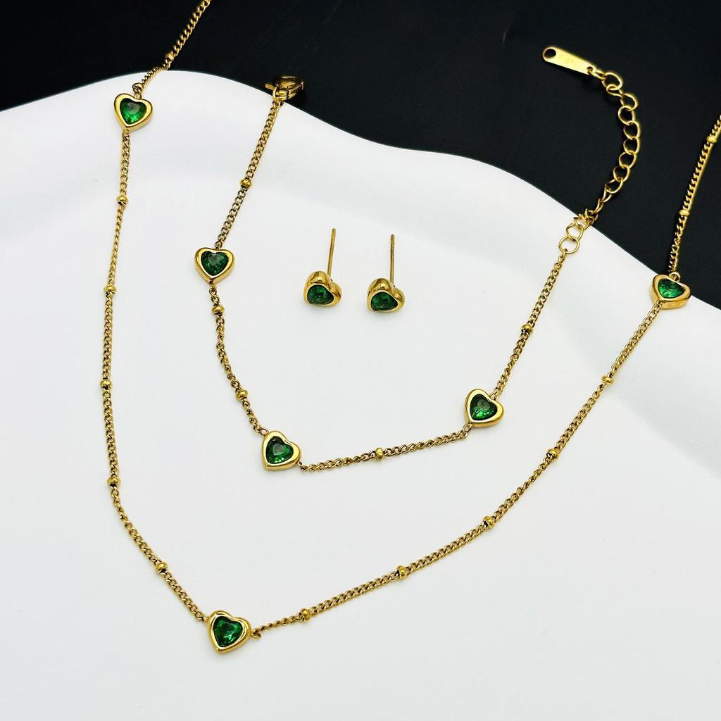 Emerald Love Heart Necklace & Bracelet Set - European American Fashion