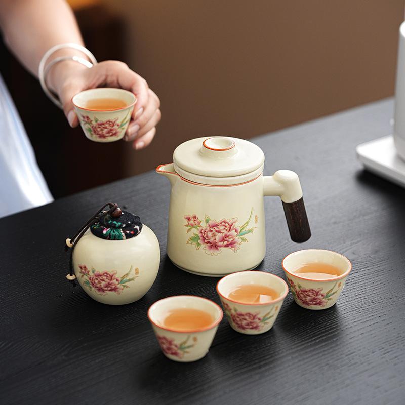 Ru kiln new tea set ceramic home living room office peony teapot light luxury gift company annual meeting