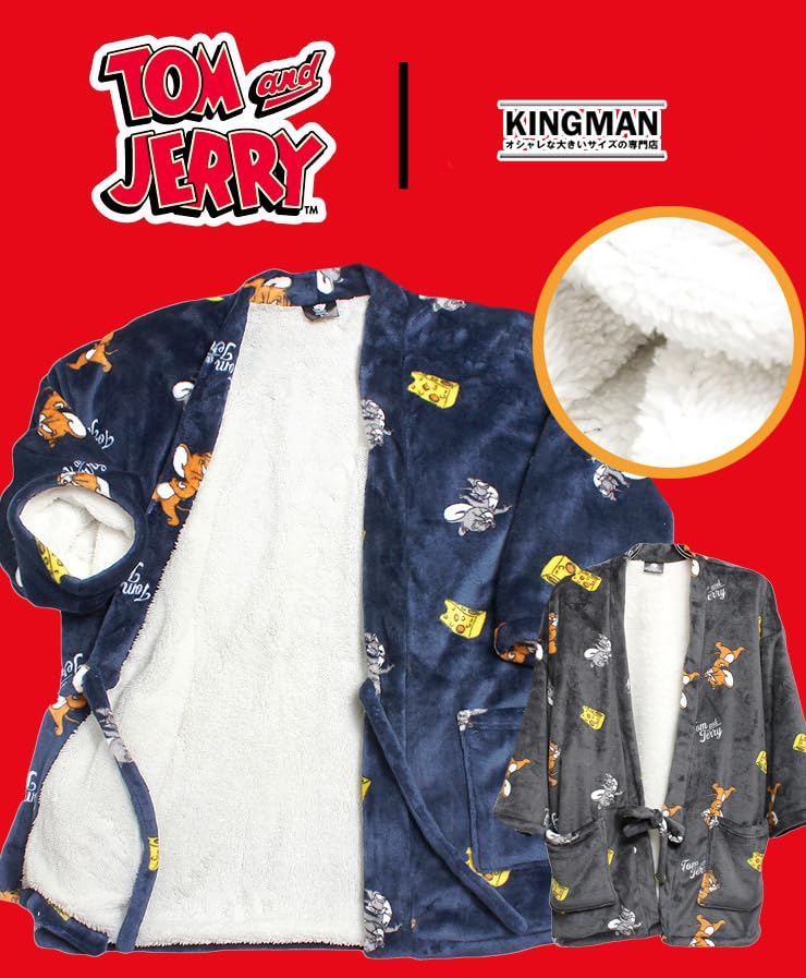 One Colors TOM AND JERRY Men's Plus Size Fluffy Fleece-Lined Loungewear Chanchanko Hanten (Half-Coat) - Size 3L, Charcoal (39)