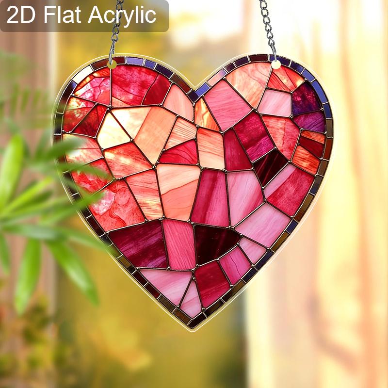 Acrylic Stained Glass Style Heart Suncatcher, 2D Flat Acrylic Window Hanging Ornament for Valentine's Day & Love Themed Gifts