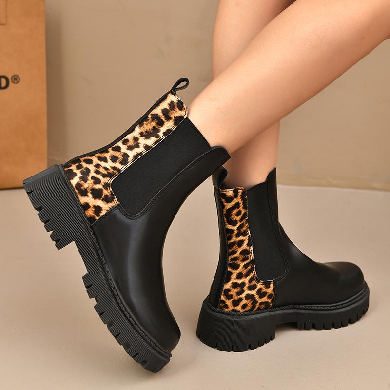 Plus Size Fashion Leopard Print Chelsea Boots Women Thick Sole Non Slip Ankle Boots Woman Autumn Slip On PU Leather Botas Mujer