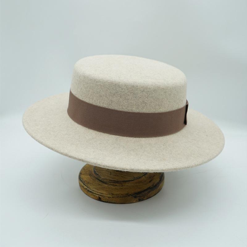 Beige Elegant Retro French Wool Flat Top Top Top Hat Women'S Autumn And Winter Japanese Korean Felt Wide Eaves British Flat Eaves