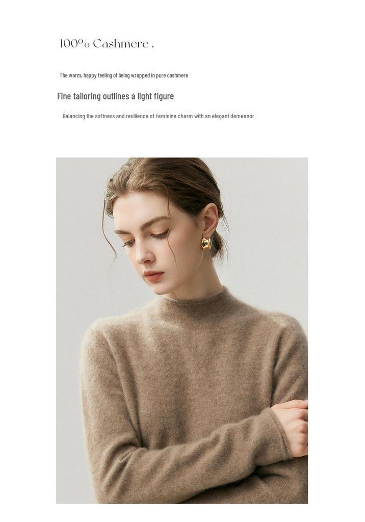 Women's 100% Cashmere Ribbed Half-Turtleneck Sweater - Autumn/Winter Base Layer, Loose & Warm