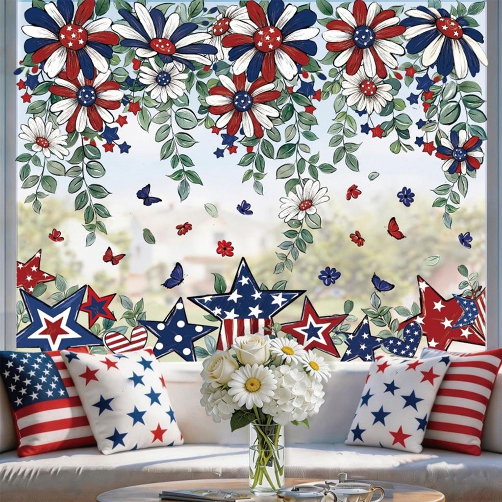 8 Sheets Patriotic Window Clings, Window Stickers Star Flower Butterfly Hanging Vine Floral Window Decals For Independence Day