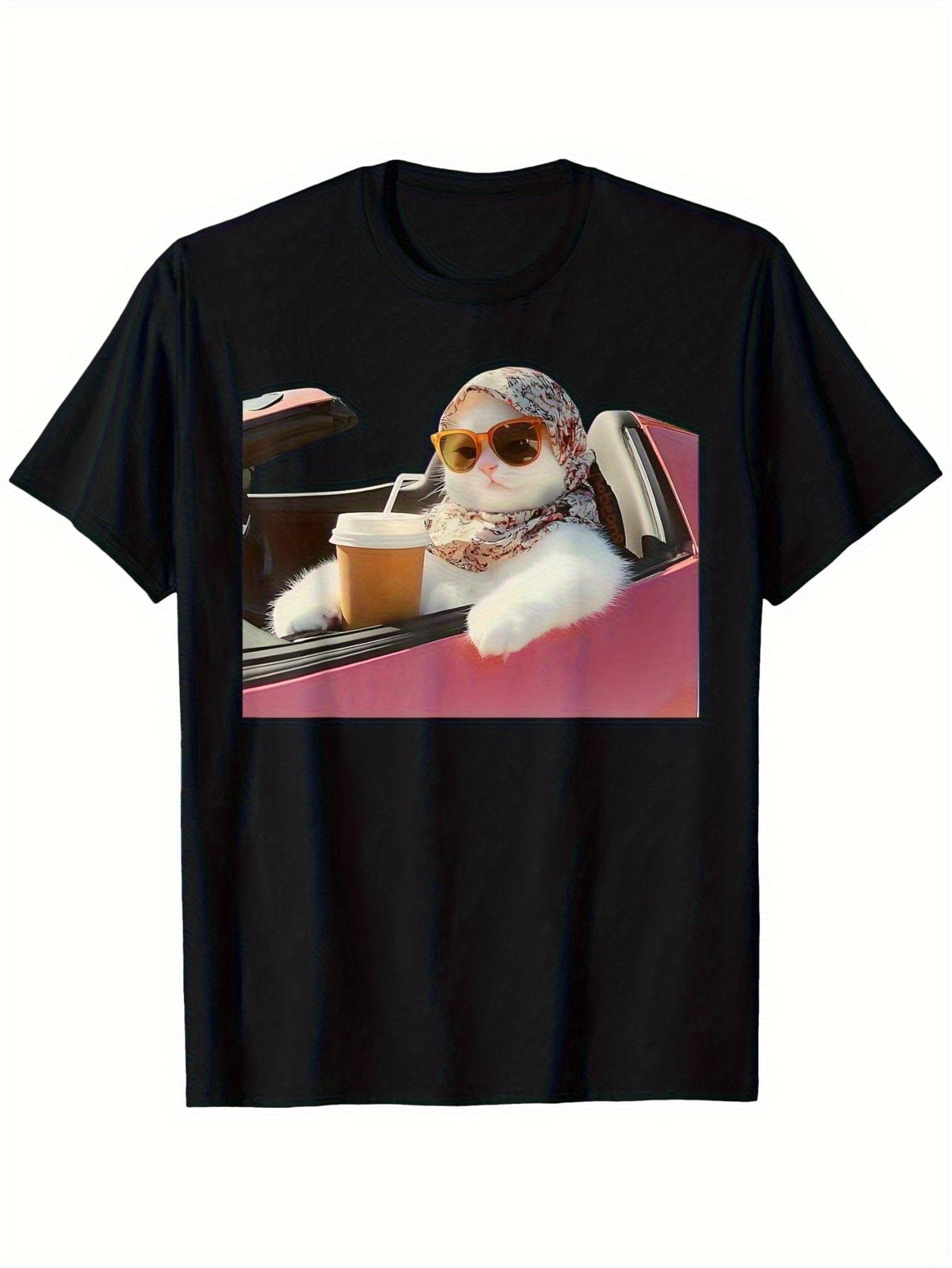 Cool Cat Drinking Coffee in The Car Fun Printed Summer Tshirt Women Fashion Summer ONeck Short Sleeve Casual Tops Clothing S