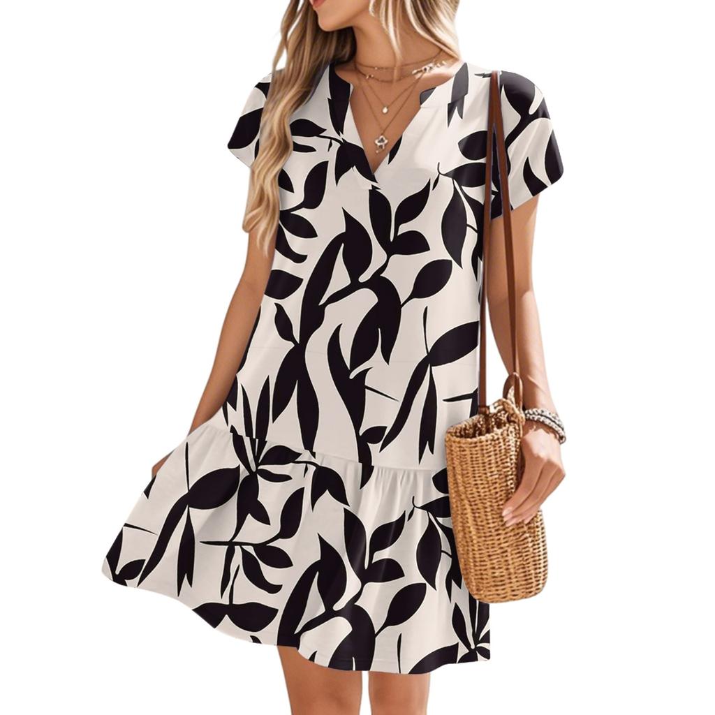 Women's Dresses Short Sleeve V-Neck Floral Printed Loose Casual Temperament Beach Dresses