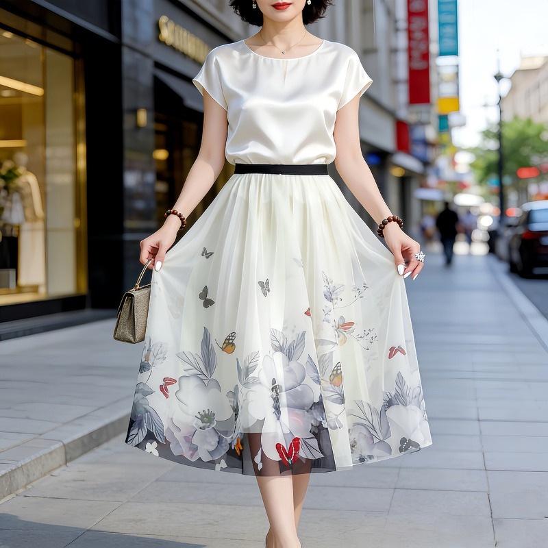 

Summer Floral A-Line Pleated Mesh Skirt Mid-Length XL