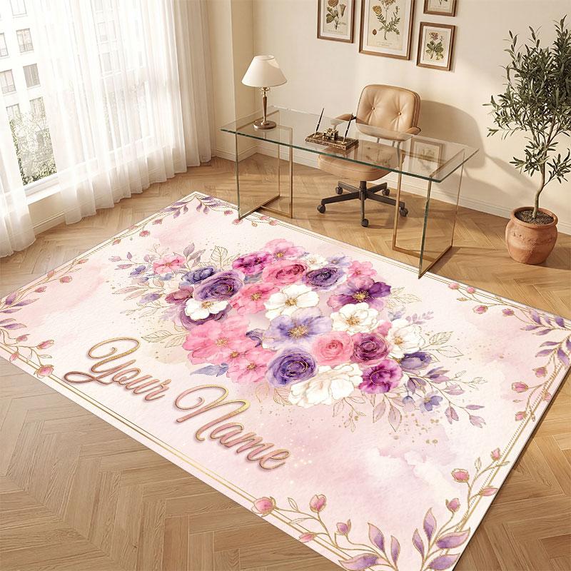 Floral Garden Theme Crystal Velvet Floor Rug Personalized Custom Name Text Warm Carpet Home Decoration