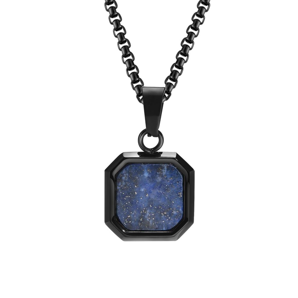 Vnox Mens Necklaces, Geometric Square Natural Stone Shell Pendant, Black Gold Color Stainless Steel Collar