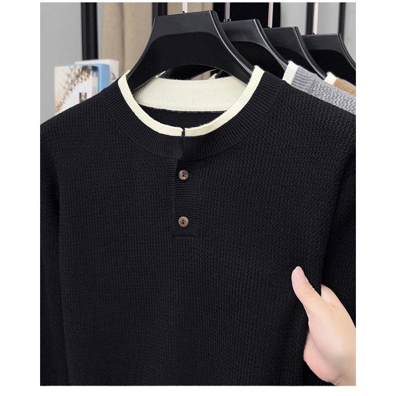 Men Fake Two Pieces Round Neck Long Sleeve Knitted Casual Pullover Sweater Top