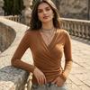 Hautfreundliches Arbeits-Oberteil mit V-Ausschnitt und langen Ärmeln für Damen, figurbetontes sexy Damen-Freizeitblusenshirt mit Falten, Herbst-Einfarbiges Büro-Arbeitshemd