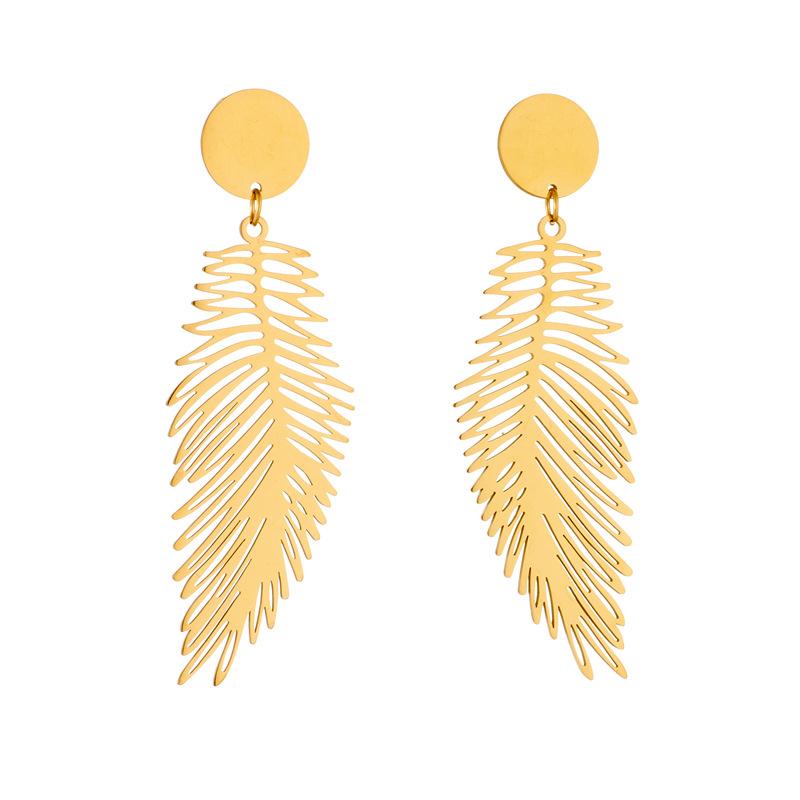 Gold Tone Palm Leaf Drop Earrings for Women
