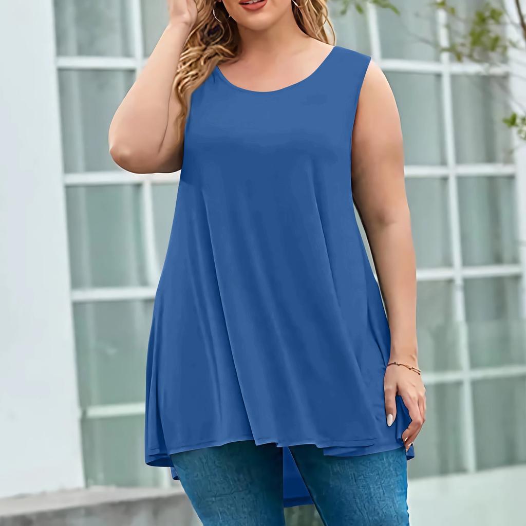 Women's Fashion Large Size Round Neck Sleeveless Casual Solid Color Loose Pullover Top