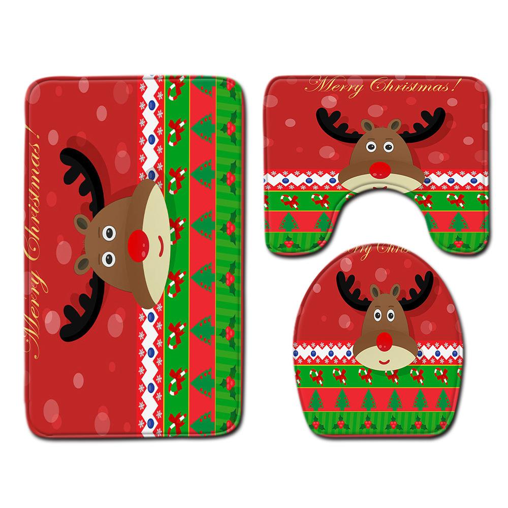 3D Digital Printing Christmas Waterproof Shower Curtain Four-Piece Bathroom Non-Slip Door Mat Toilet Absorbent Floor Mat Carpet