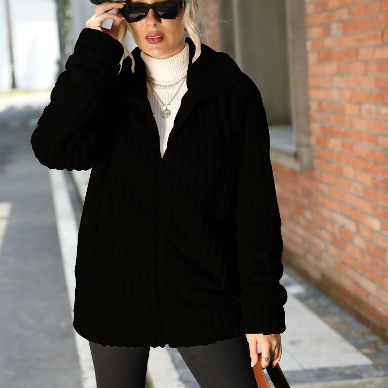 

Winter Women s Clothing, Collar, Pit Stripe, Zipper, Long Sleeves, Solid Color, Medium Length, Double-sided Plush Jacket, Winter Jacket XL чорний
