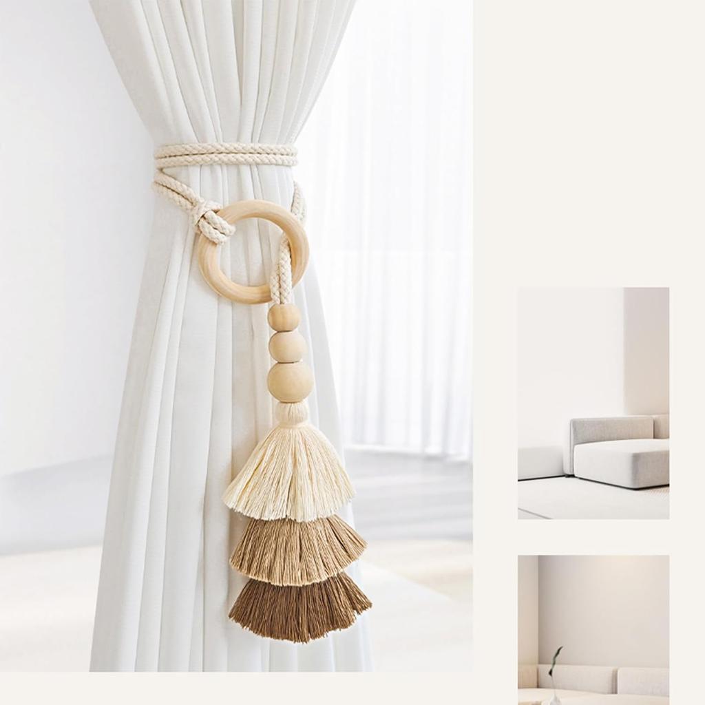 2pcs Wooden Bead Curtain Tiebacks,Bohemian Curtain Clasp,Tassel Curtain Clasp, Curtain Tiebacks No Hole Punching Decorative for Bedroom Window