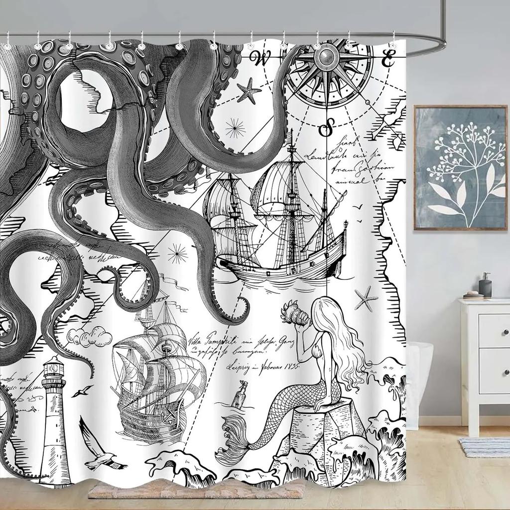Vintage Nautical Octopus Shower Curtain Blue Mermaid Funny Ocean Kraken Anchor Coastal Map Polyester Fabric Bath Curtain Decor