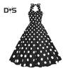 Women Vintage Dress 50s Retro A-line Big Swing Sleeveless Dot Print Contrast Color Elastic Bust Halter Neck High Tight Waist Backless Knee Length