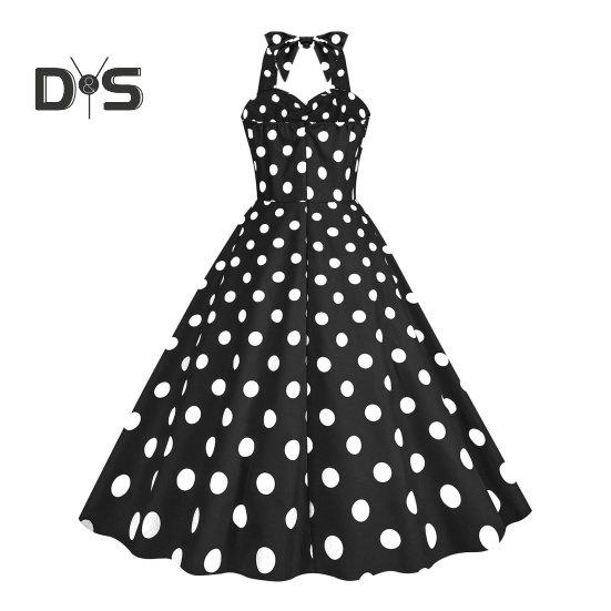 Women Vintage Dress 50s Retro A-line Big Swing Sleeveless Dot Print Contrast Color Elastic Bust Halter Neck High Tight Waist Backless Knee Length